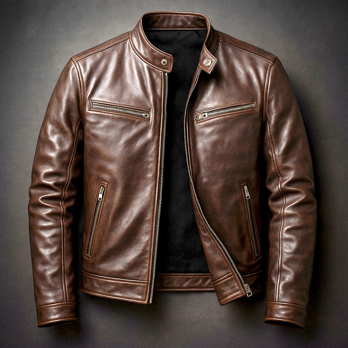 Classic Leather Jacket for Men Moto Full-Zip