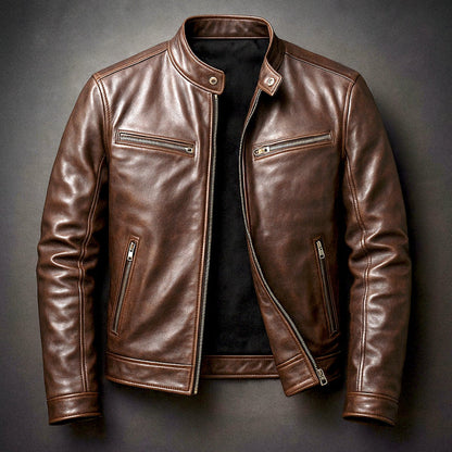 Classic Leather Jacket for Men Moto Full-Zip