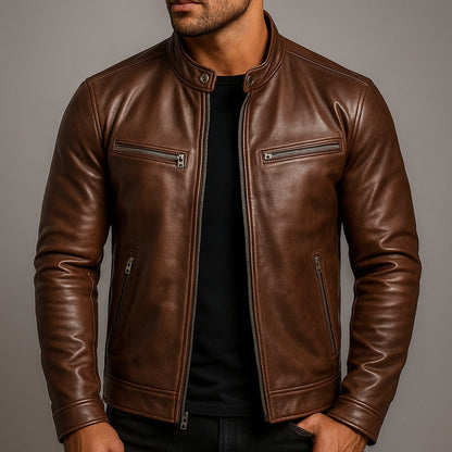 Classic Leather Jacket for Men Moto Full-Zip