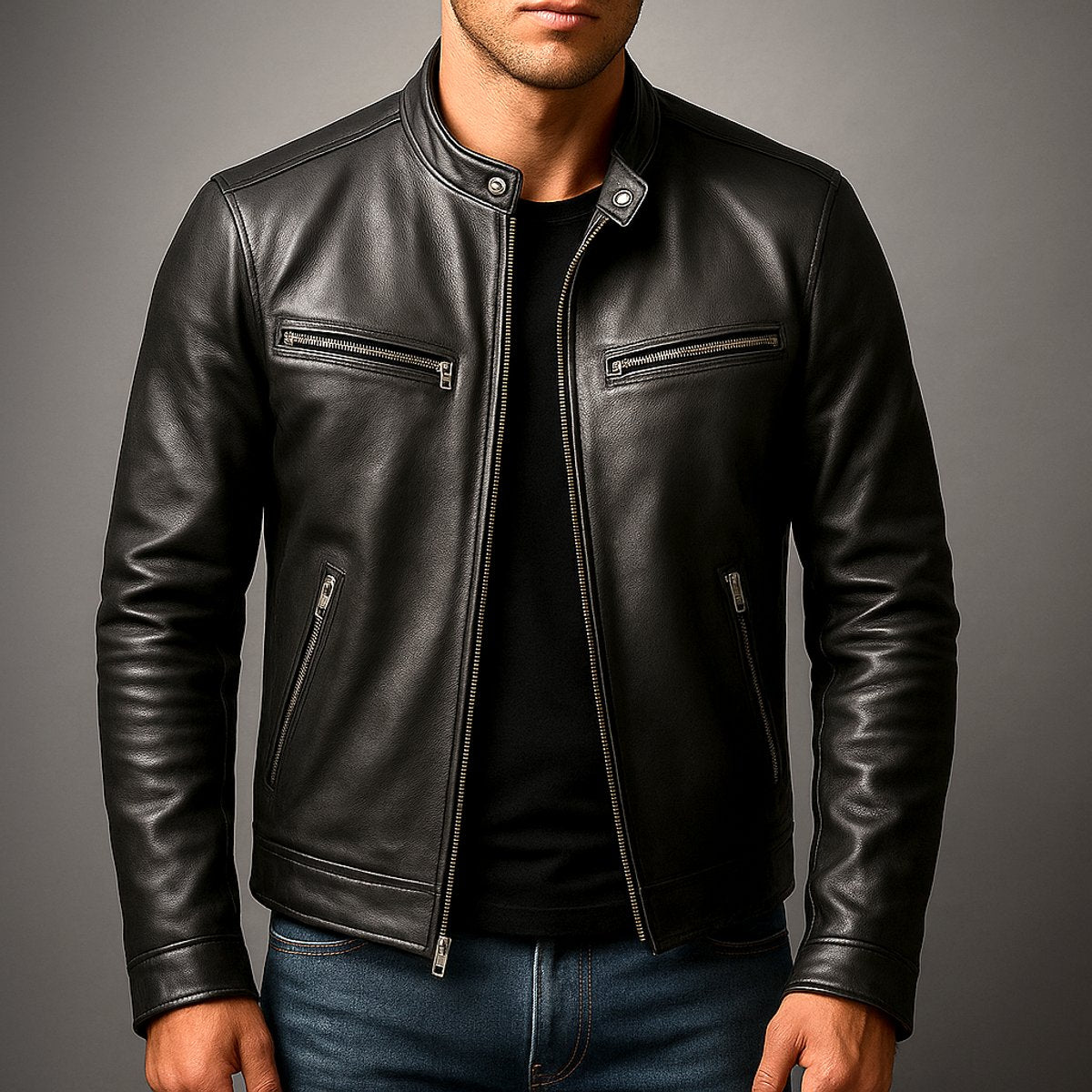 Classic Leather Jacket for Men Moto Full-Zip