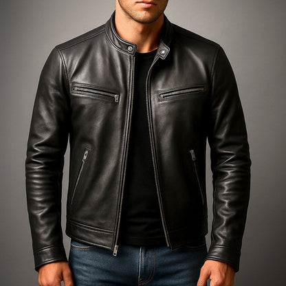 Classic Leather Jacket for Men Moto Full-Zip
