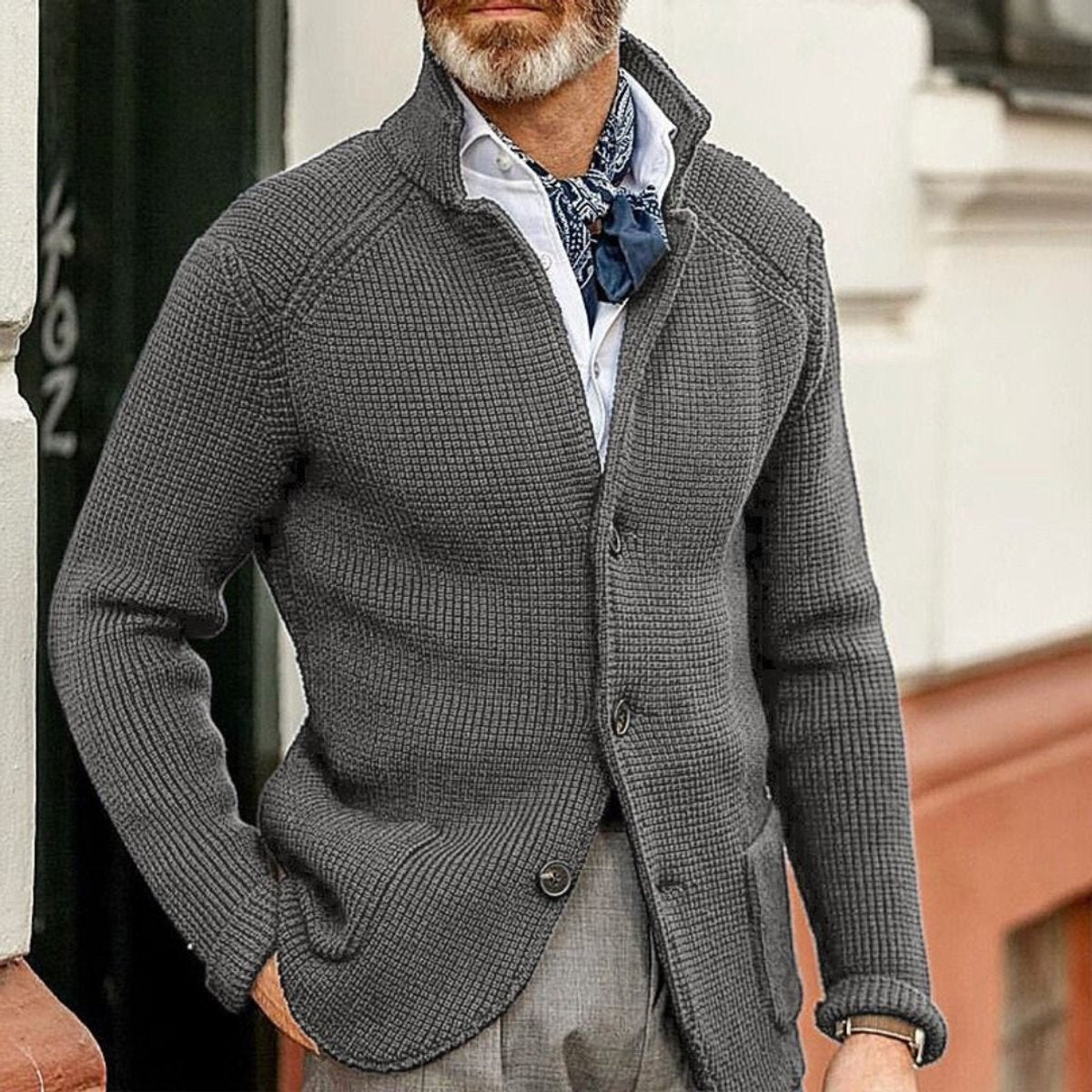 Classic Cardigan for Men Waffle-Knit Button-Front