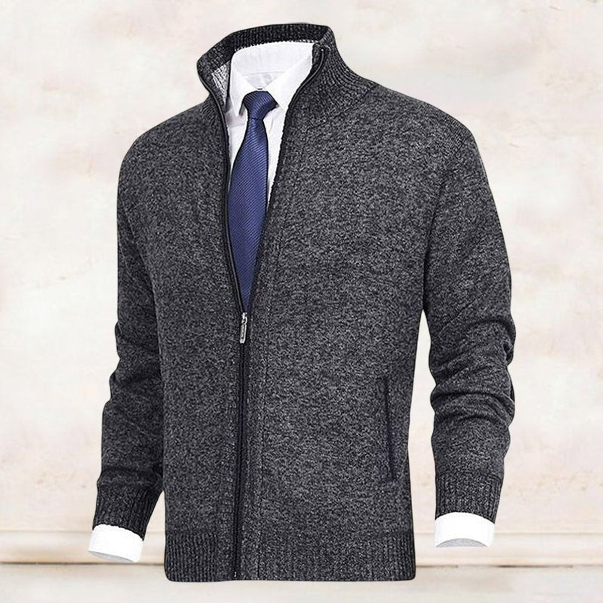 Classic Cardigan for Men Zip-Up Stand-Collar