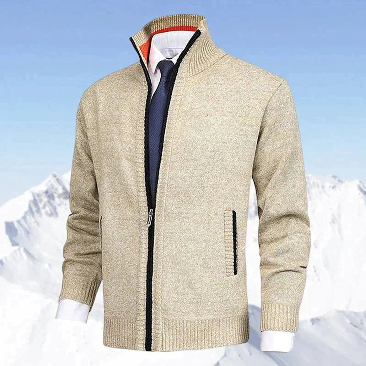 Classic Cardigan for Men Zip-Up Stand-Collar