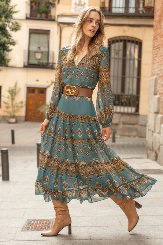 Elegant Midi Dress for Women Long-Sleeve Medallion-Print Tiered
