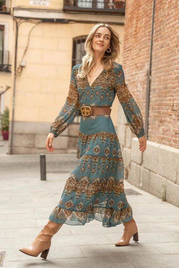 Elegant Midi Dress for Women Long-Sleeve Medallion-Print Tiered