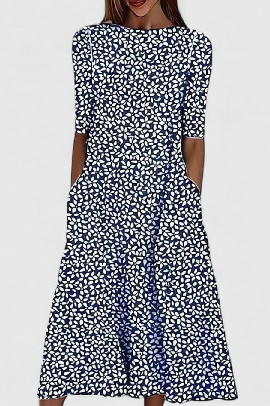 Effortless Midi Dress for Women Round-Neck A-Line Leaf-Print