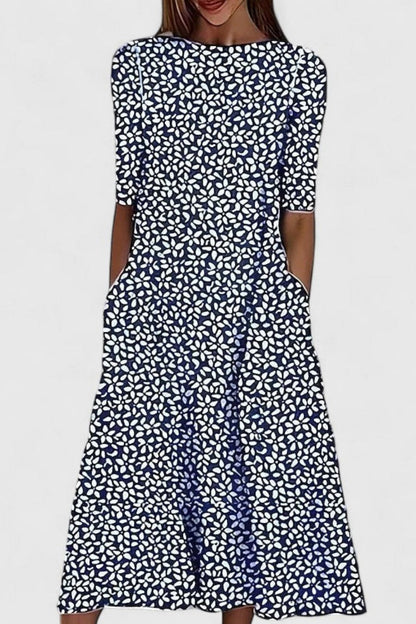 Effortless Midi Dress for Women Round-Neck A-Line Leaf-Print