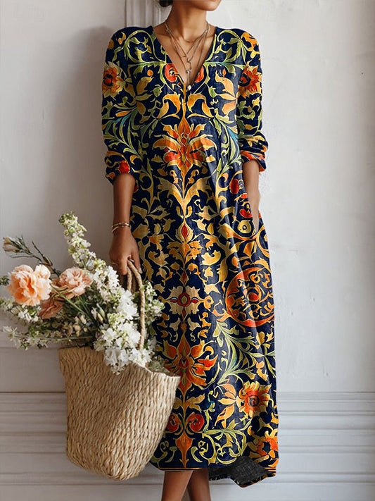 Effortless Maxi Dress for Women V-Neck Three-Quarter-Sleeve Baroque-Print