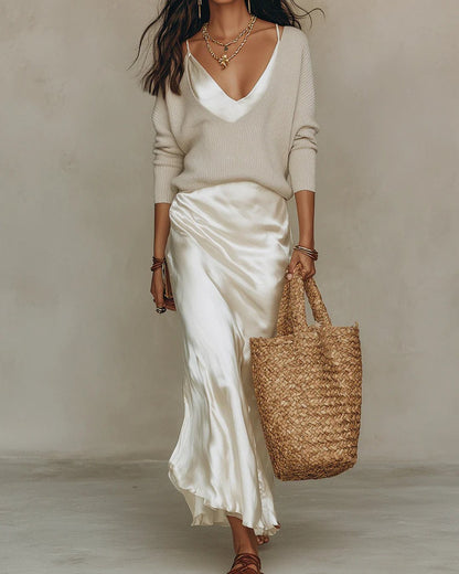 Elegant Sweater Skirt Set for Women V-Neck Bodycon Two-Piece
