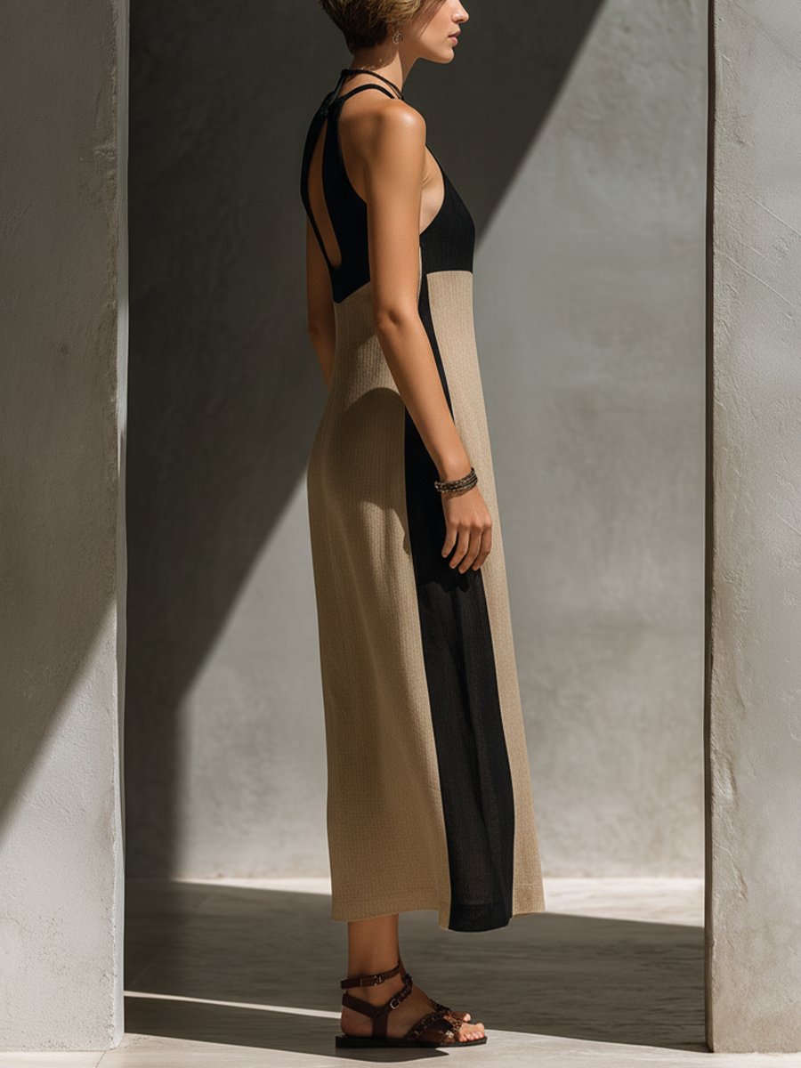 Elegant Maxi Dress for Women Halter Keyhole Color-Block