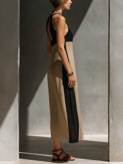 Elegant Maxi Dress for Women Halter Keyhole Color-Block