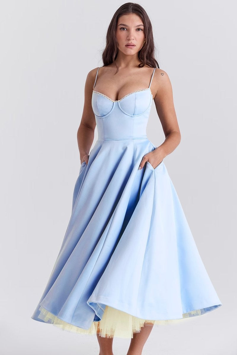 midikleid-damen-bustier-satin-ausgestellt
