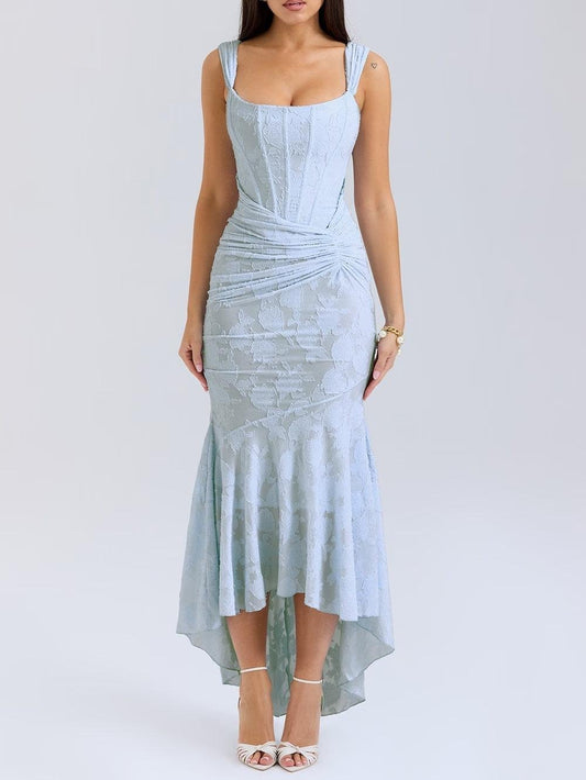 Elegant Mermaid Dress for Women Jacquard Lace Square-Neck