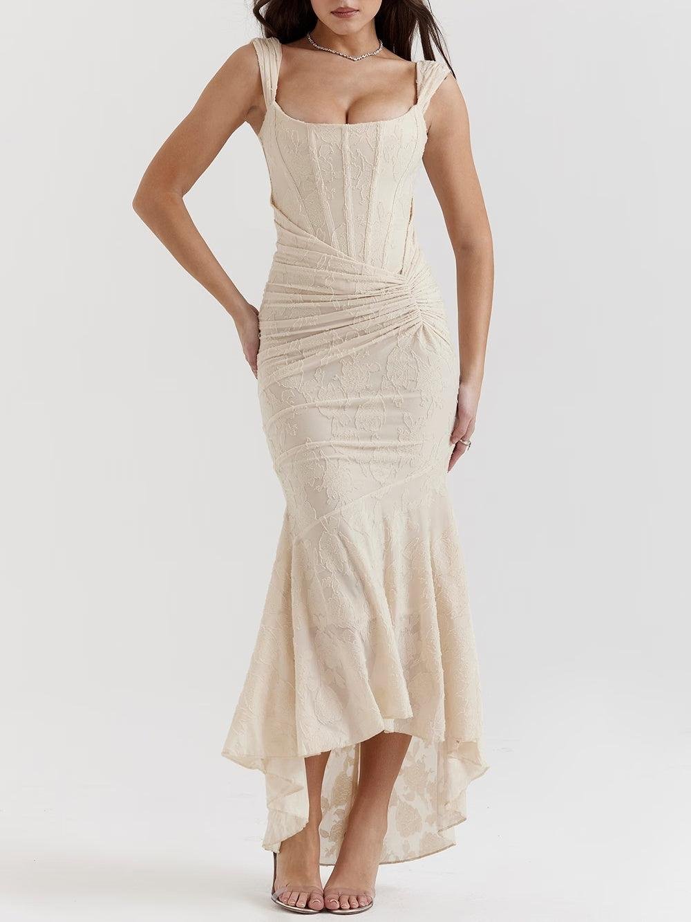 Elegant Mermaid Dress for Women Jacquard Lace Square-Neck