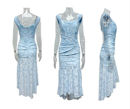 Elegant Mermaid Dress for Women Jacquard Lace Square-Neck