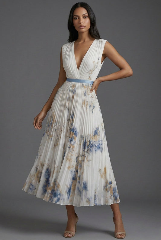 Elegant Midi Dress for Women Pleated Floral V-Neck