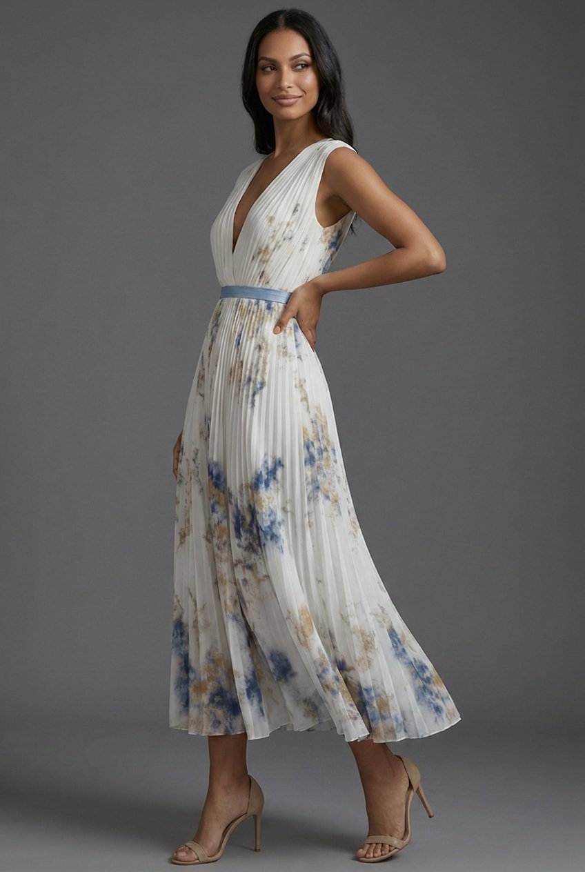 Elegant Midi Dress for Women Pleated Floral V-Neck