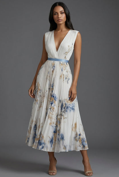 Elegant Midi Dress for Women Pleated Floral V-Neck