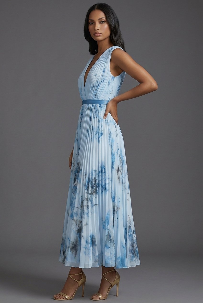 Elegant Midi Dress for Women Pleated Floral V-Neck