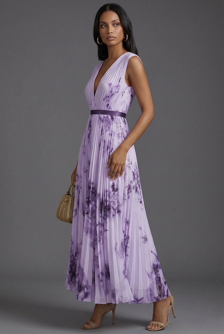 Elegant Midi Dress for Women Pleated Floral V-Neck