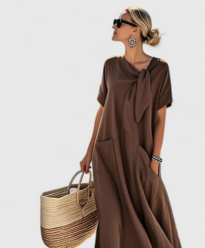 Elegant Tie-Neck Dress for Women Short-Sleeve Maxi Pockets
