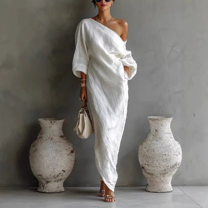 Effortless Linen Maxi Dress for Women One-Shoulder Asymmetrical