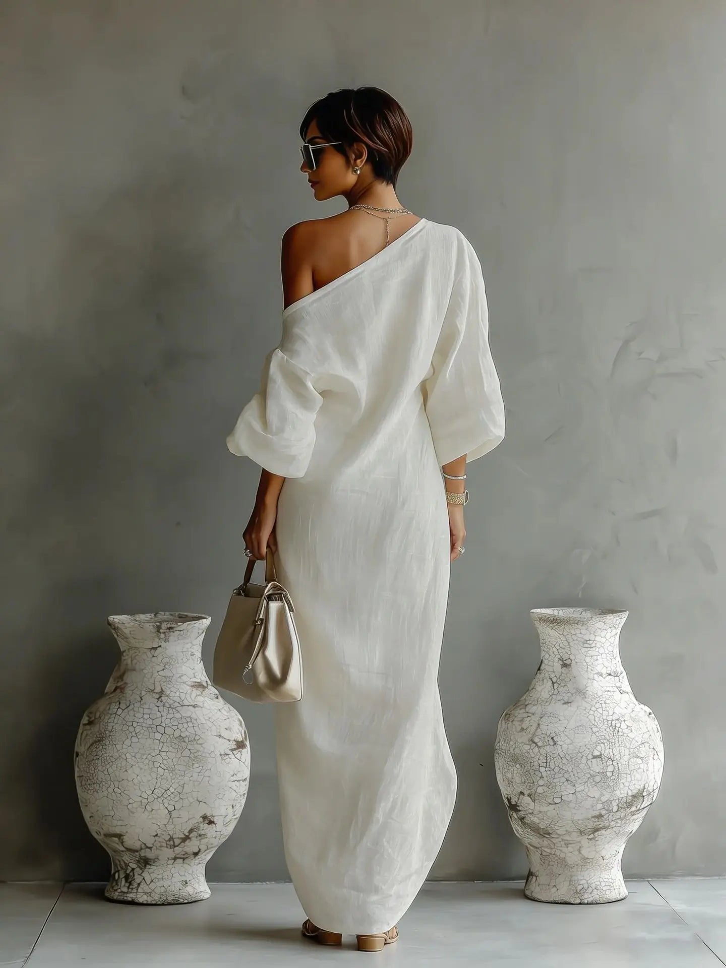 Effortless Linen Maxi Dress for Women One-Shoulder Asymmetrical