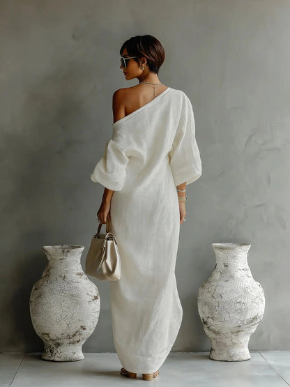 Effortless Linen Maxi Dress for Women One-Shoulder Asymmetrical