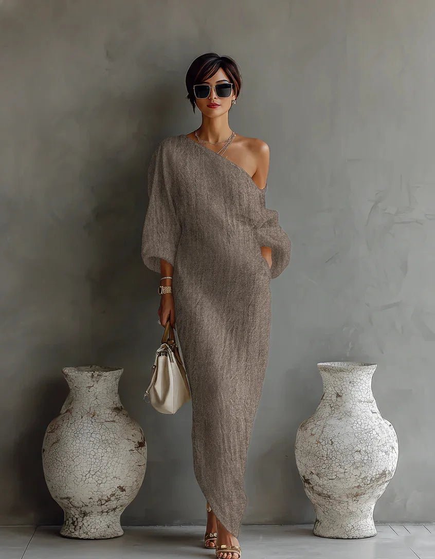 Effortless Linen Maxi Dress for Women One-Shoulder Asymmetrical