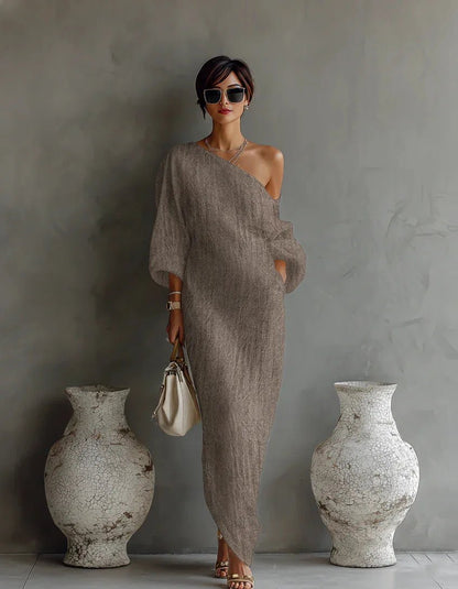 Effortless Linen Maxi Dress for Women One-Shoulder Asymmetrical