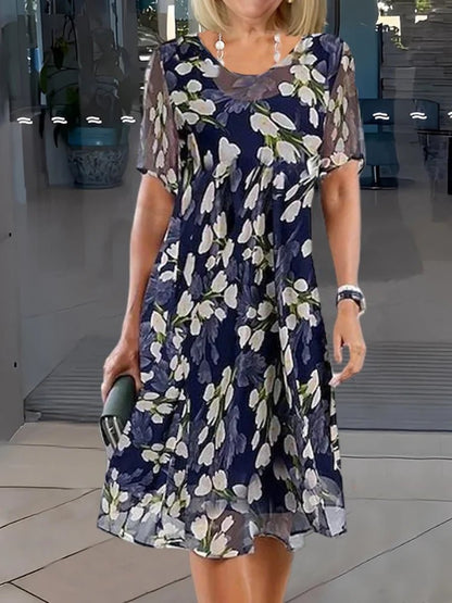 Effortless Floral Midi Dress for Women Round-Neck A-Line