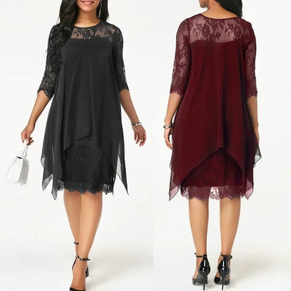 Elegant Lace Chiffon Dress for Women Quarter-Sleeve Asymmetrical
