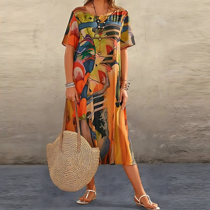 Effortless Maxi Dress for Women Short-Sleeve Abstract-Print