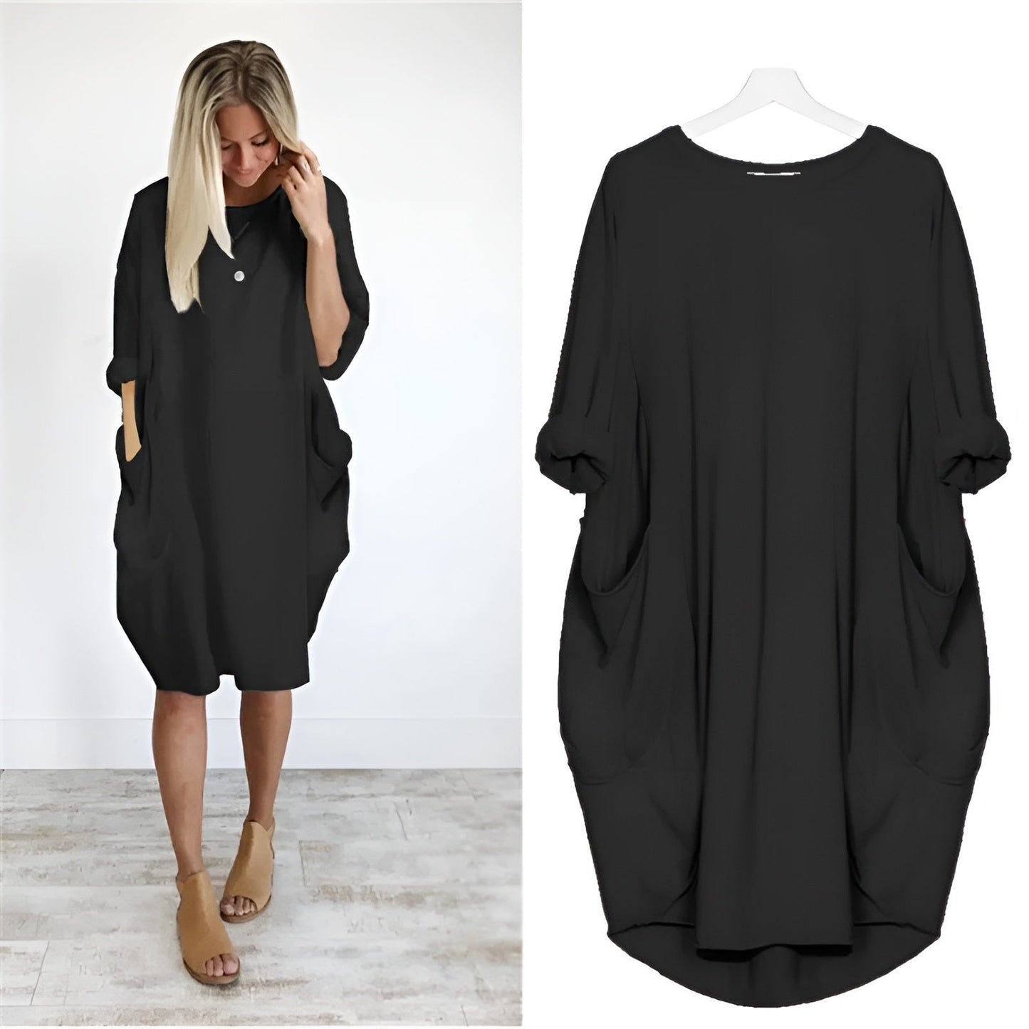 Comfortable Oversized Midi Dress for Women Pockets Round-Neck