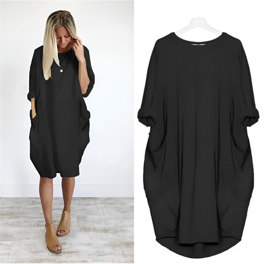 Comfortable Oversized Midi Dress for Women Pockets Round-Neck