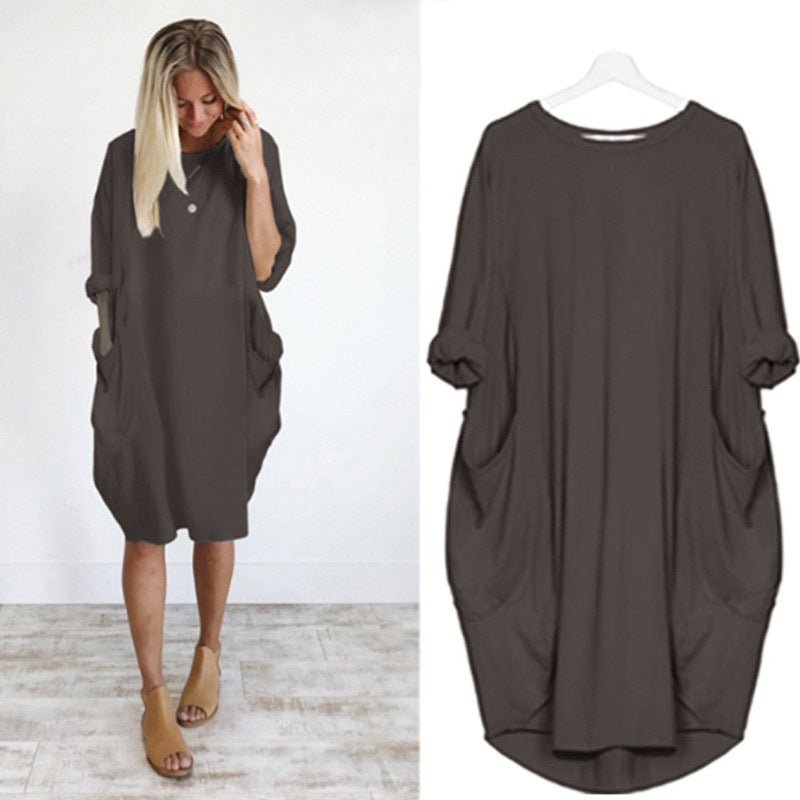 Comfortable Oversized Midi Dress for Women Pockets Round-Neck
