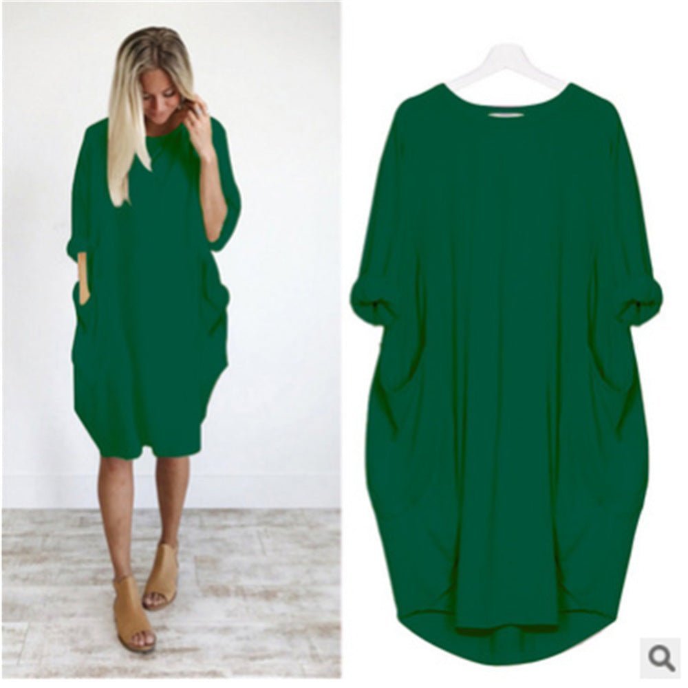 Comfortable Oversized Midi Dress for Women Pockets Round-Neck
