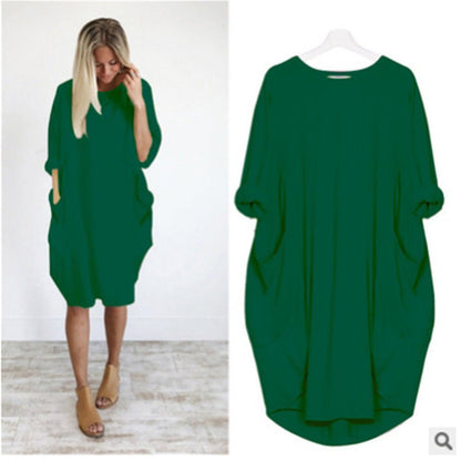 Comfortable Oversized Midi Dress for Women Pockets Round-Neck