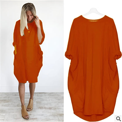 Comfortable Oversized Midi Dress for Women Pockets Round-Neck