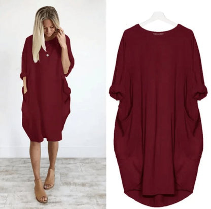 Comfortable Oversized Midi Dress for Women Pockets Round-Neck