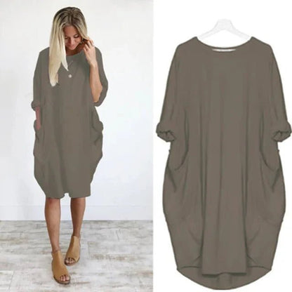 Comfortable Oversized Midi Dress for Women Pockets Round-Neck