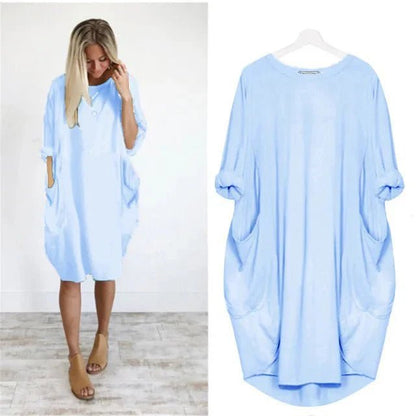 Comfortable Oversized Midi Dress for Women Pockets Round-Neck