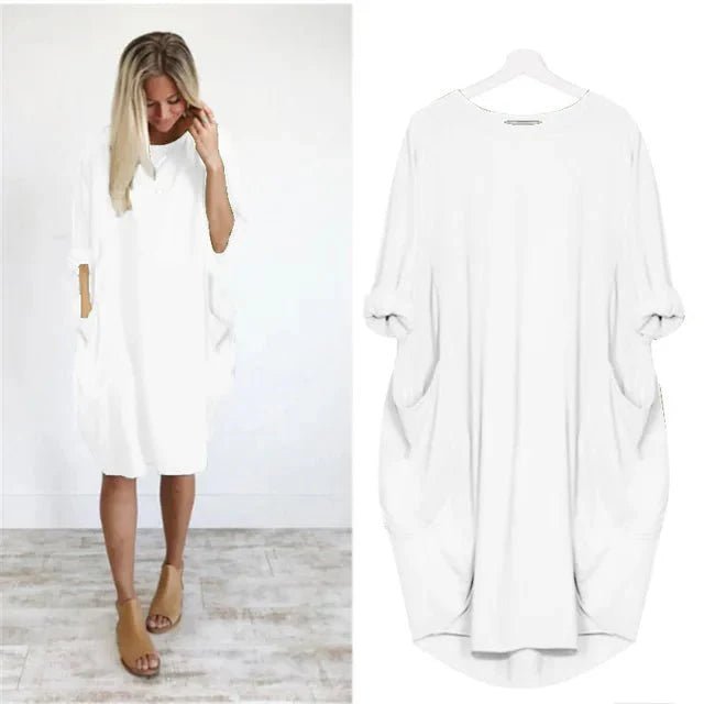 Comfortable Oversized Midi Dress for Women Pockets Round-Neck