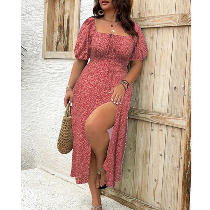 Elegant Puff-Sleeve Maxi Dress for Women Square-Neck Floral-Print