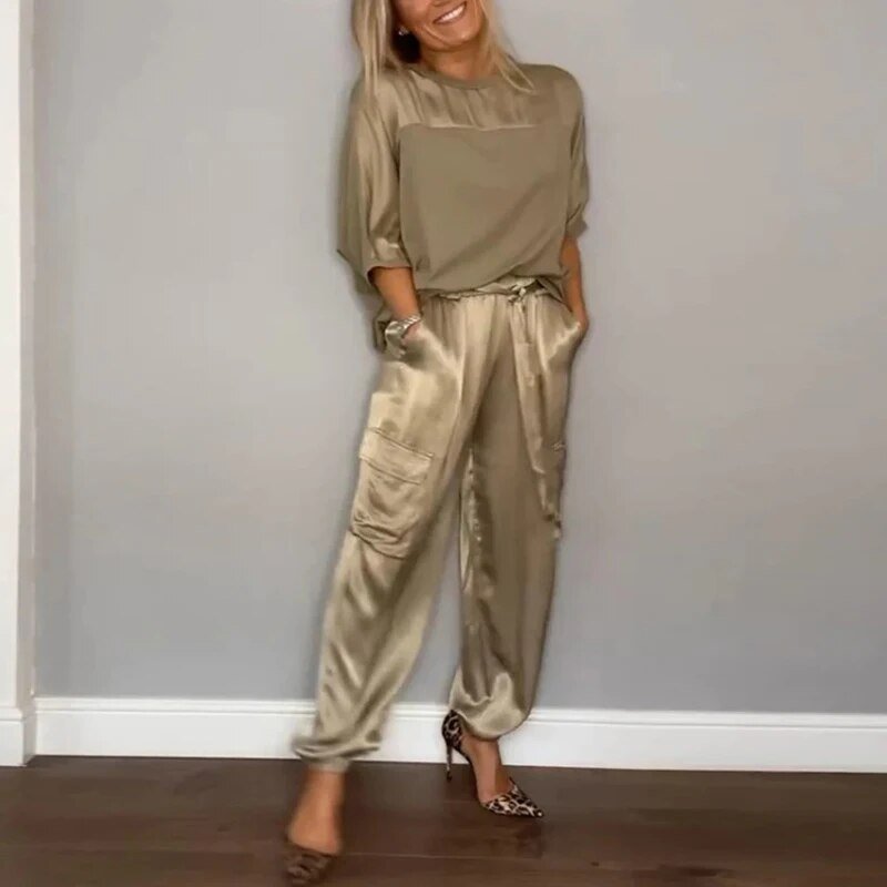 Elegant Two-Piece Set for Women Satin Cargo-Pants Drawstring