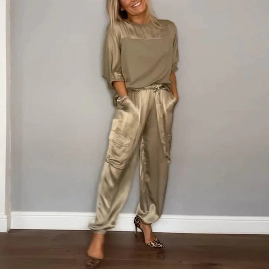 Elegant Two-Piece Set for Women Satin Cargo-Pants Drawstring