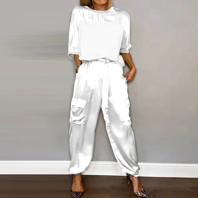 Elegant Two-Piece Set for Women Satin Cargo-Pants Drawstring