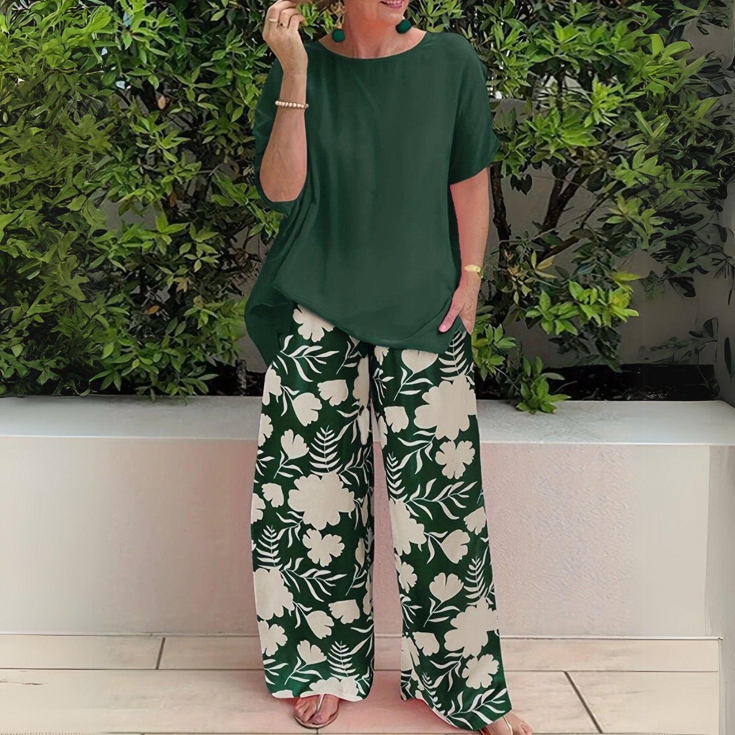 Effortless Two-Piece Set for Women Floral Wide-Leg Relaxed
