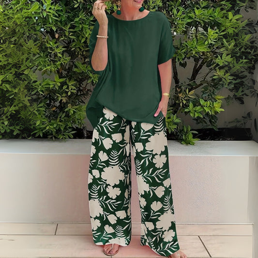 Effortless Two-Piece Set for Women Floral Wide-Leg Relaxed